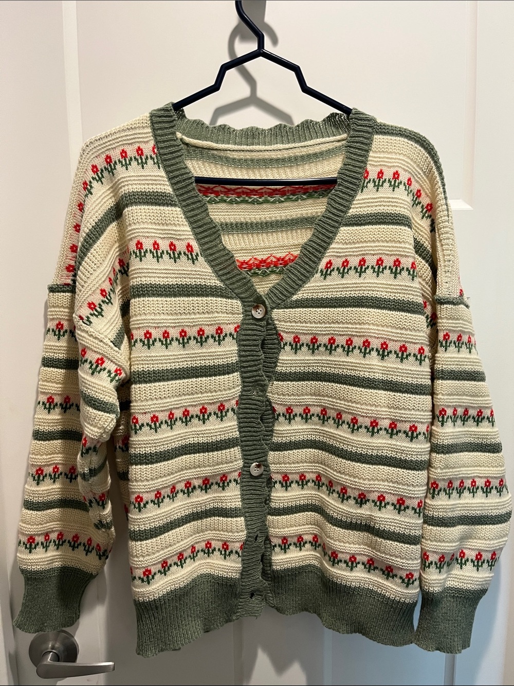 Green & Cream Floral Stripe V-Neck Cardigan Sweater